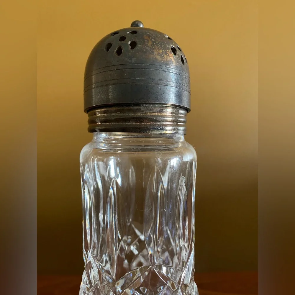 Vintage Waterford cut crystal muffineer sugar shaker with silver plated lid